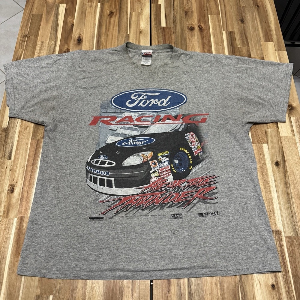 Vintage Ford Racing Shirt Mens 2XL‎ Gray Checkered Flag Nascar Double Sided